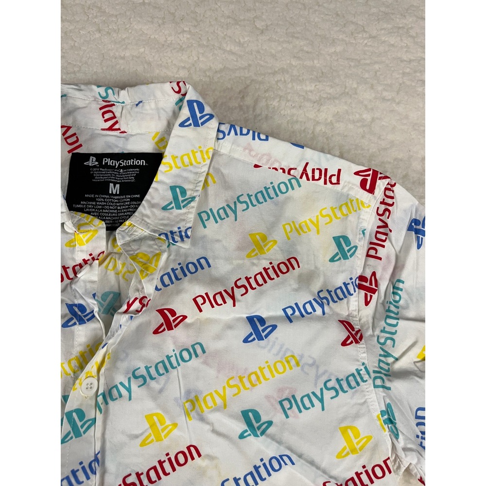 PlayStation All Over Logo Short Sleeve Button Up Shirt Men's‎ Size M White